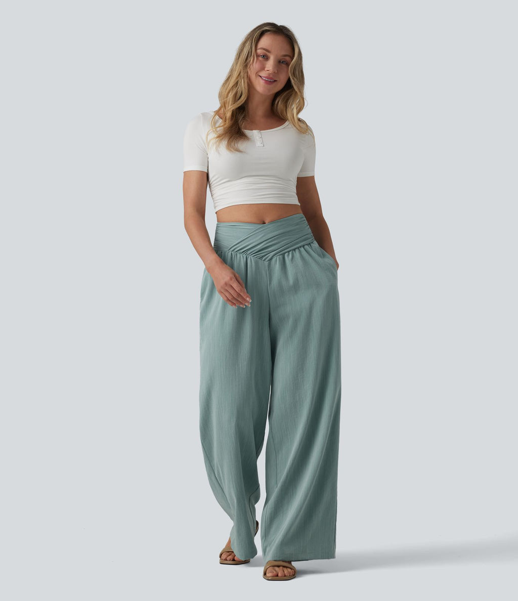 Pantalon baggy effet lin taille haute croisée avec détails froncés et poche