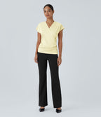 Blouse Travail Unie Froncée Croisée Manches Courtes Col en V
