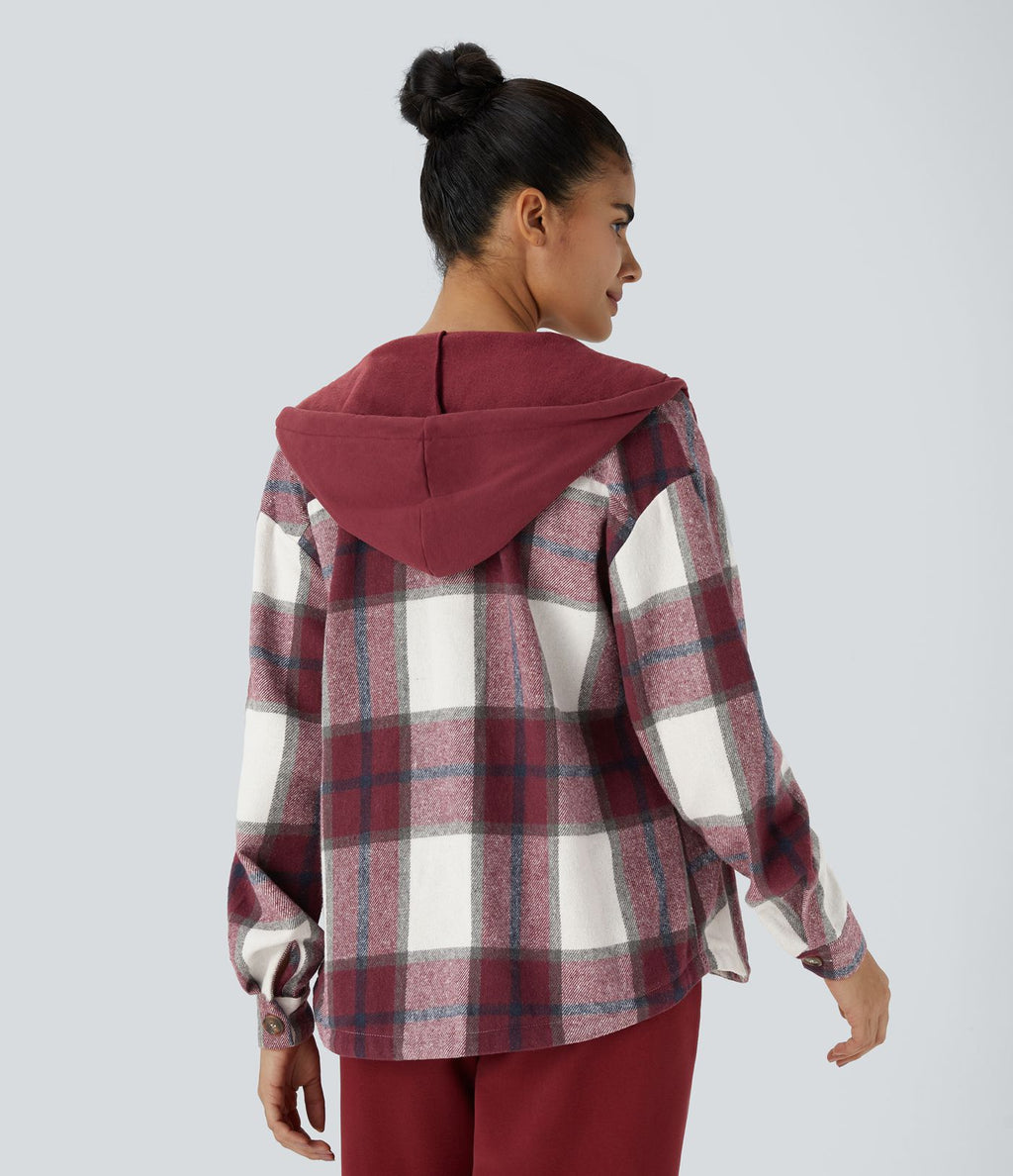 Veste de Casual à Carreaux en Polaire à Capuche avec Cordon de Serrage Boutons et Poches Latérales