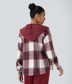 Veste de Casual à Carreaux en Polaire à Capuche avec Cordon de Serrage Boutons et Poches Latérales