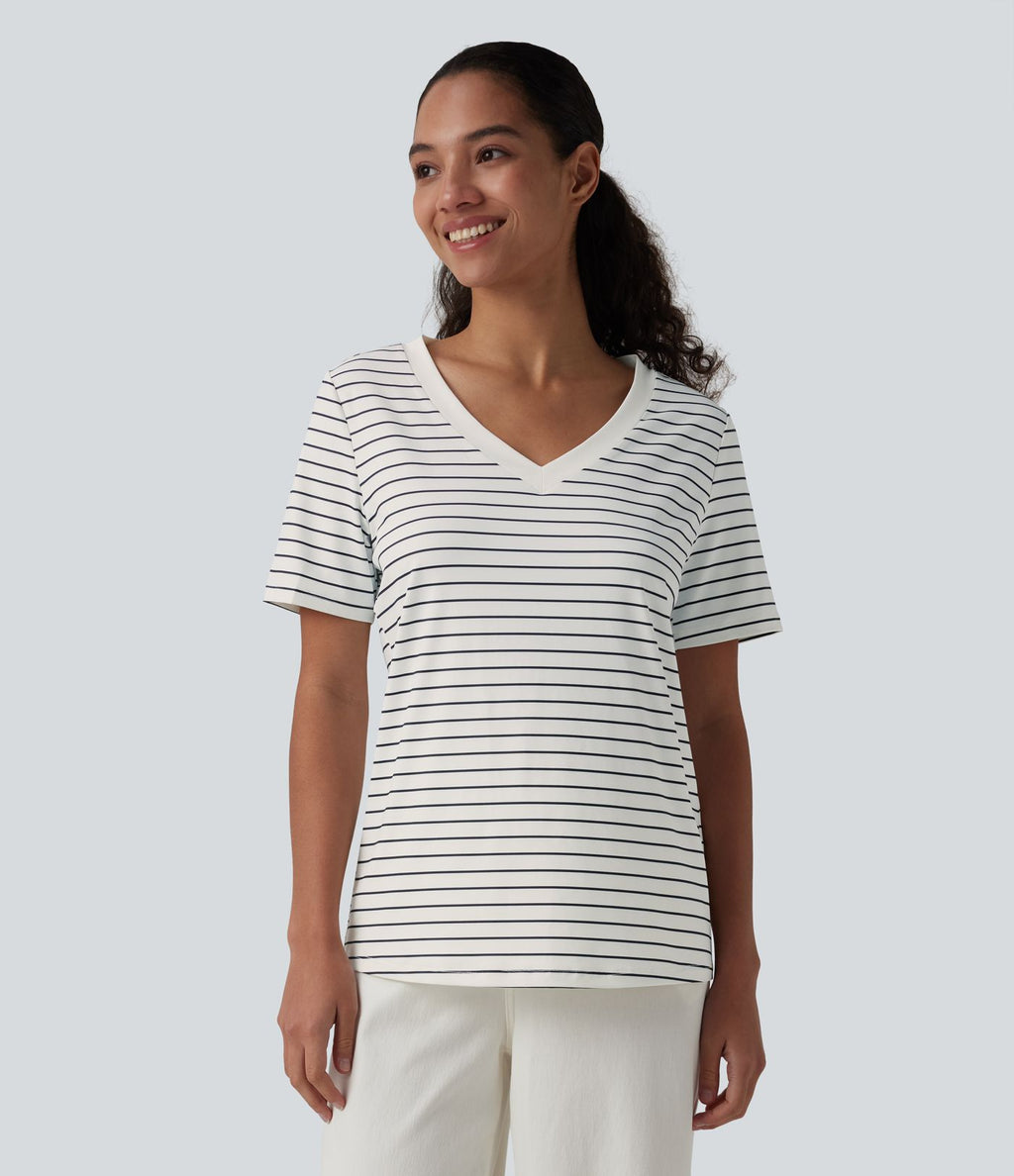 T-shirt décontracté col V manches courtes rayé