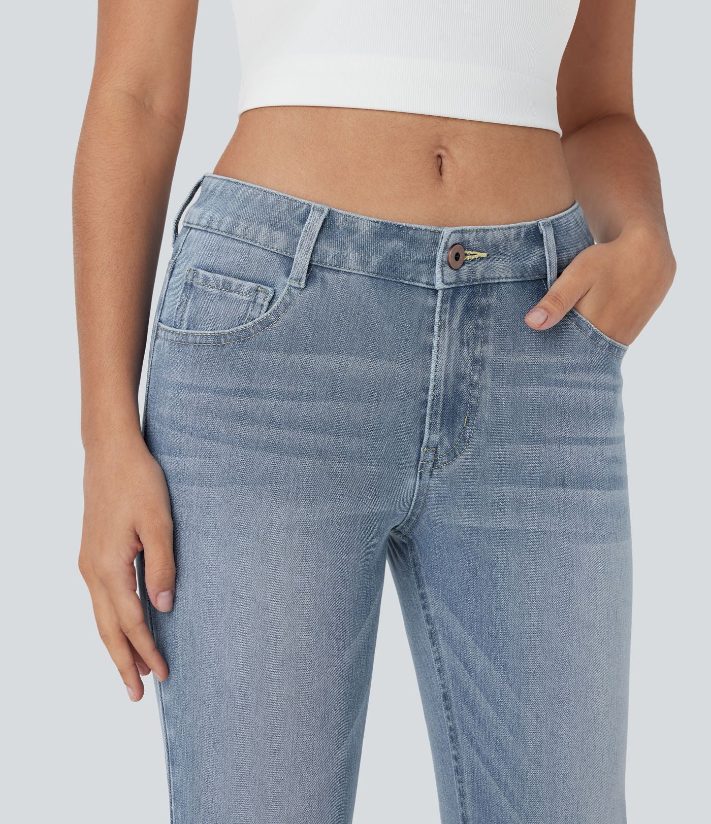Jean bootcut délavé Halara Flex™ taille basse avec bouton, fermeture éclair et poches multiples