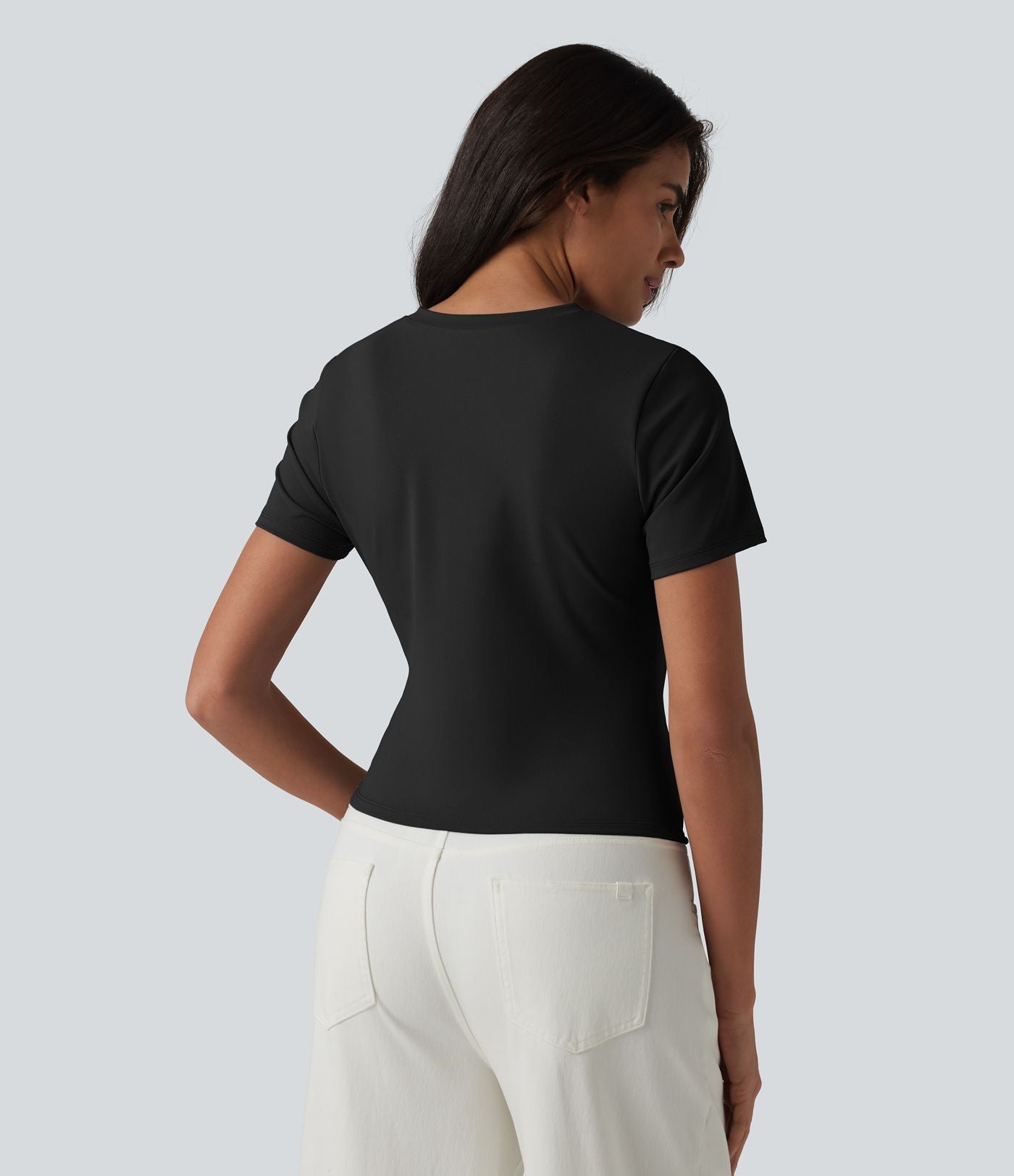 T-shirt décontracté col rond manches courtes froncé ourlet asymétrique