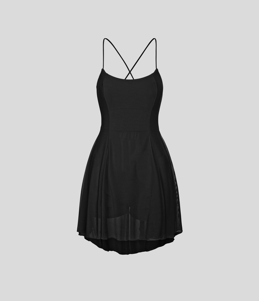 Robe de sport danse mini 2-en-1 laçage asymétrique résille contrastante fluide avec poche A-D
