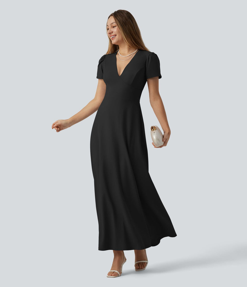 Robe mariage maxi fluide col V à manches courtes, dos nu avec lien noué et brassière intégrée