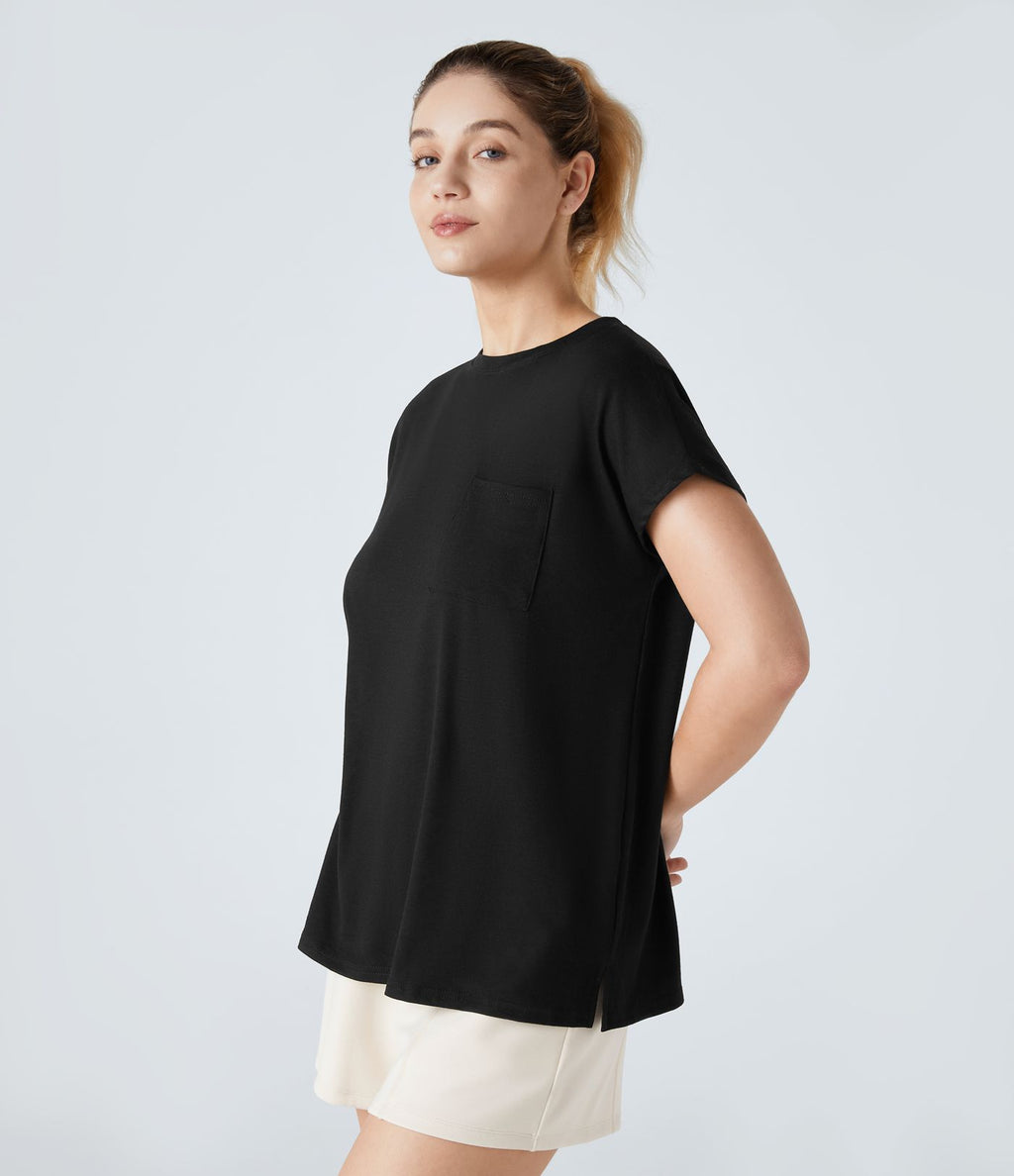 T-shirt Casual Relax à Col Rond Poche Poitrine Ourlet Fendu