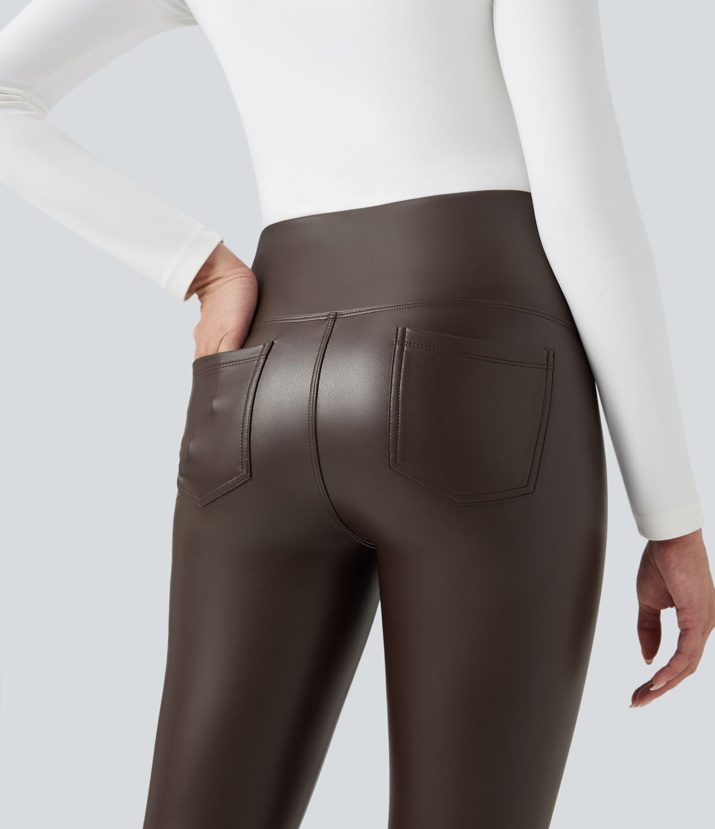 Pantalon 7/8 moulant décontracté polaire gainant taille haute extensible effet cuir avec poches