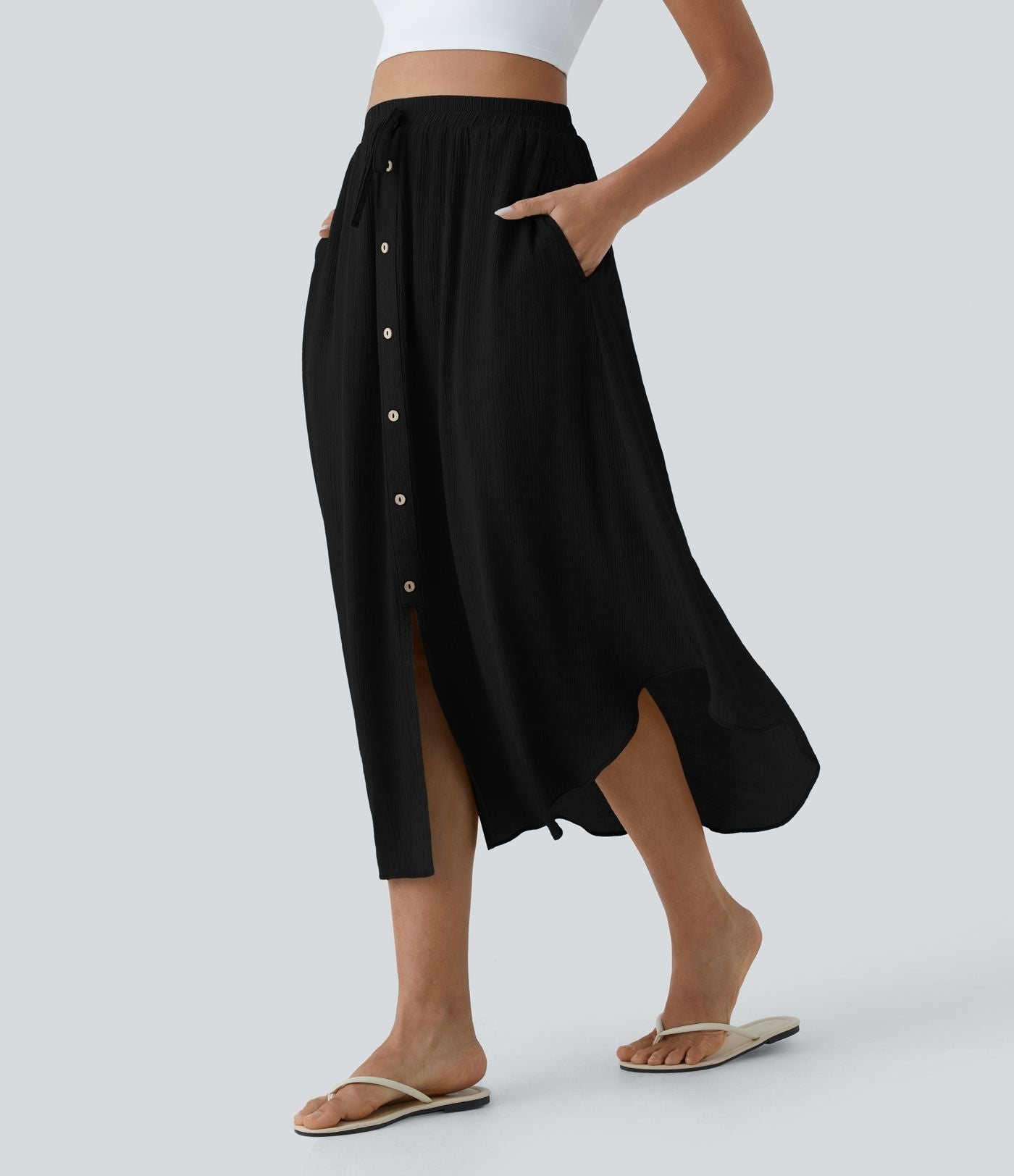 Jupe Midi Fluide Taille Haute Cordon de Serrage Boutonnés Poches Latérales
