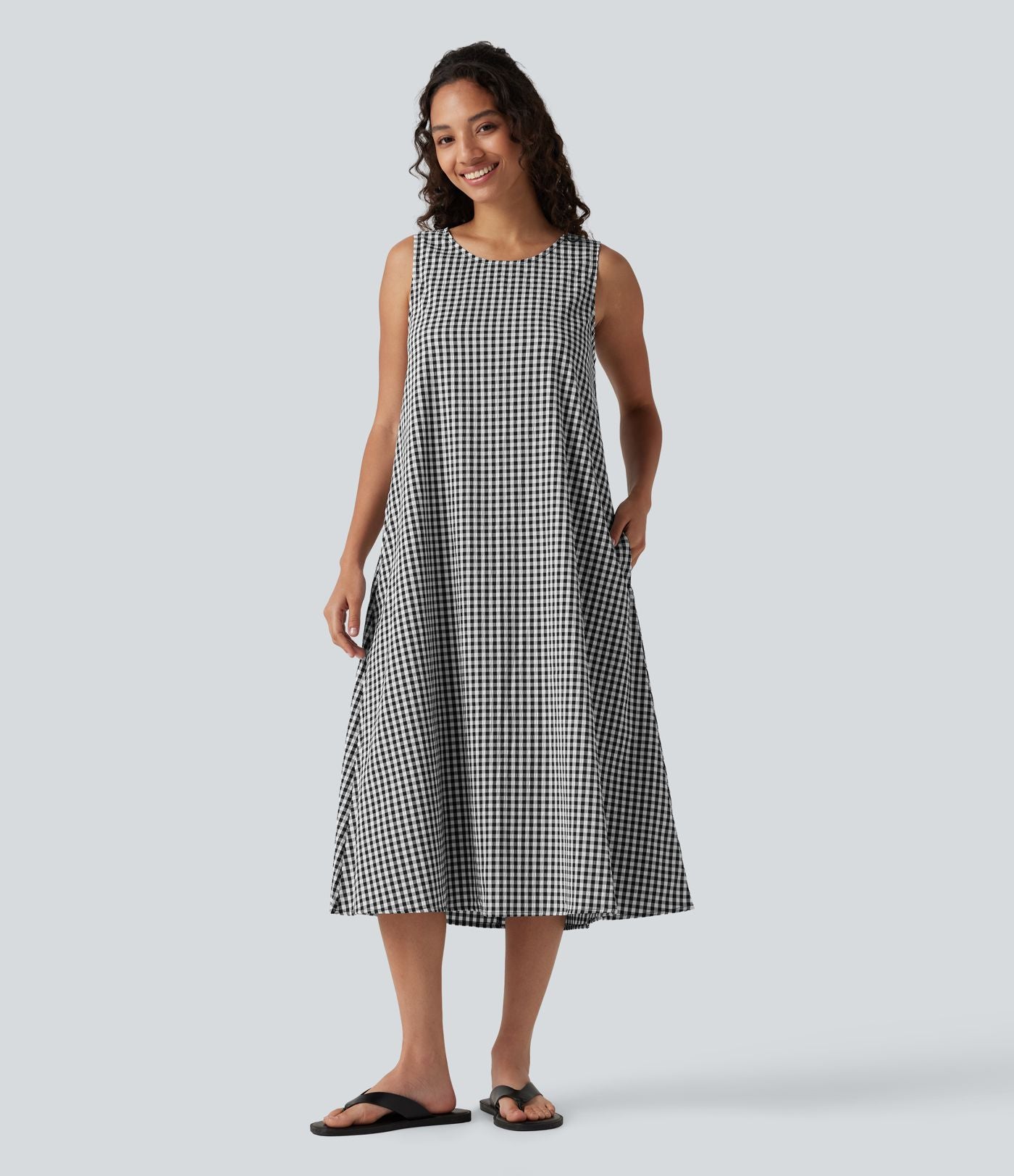 Robe débardeur midi décontractée en vichy froissé, col rond, sans manches, à poches