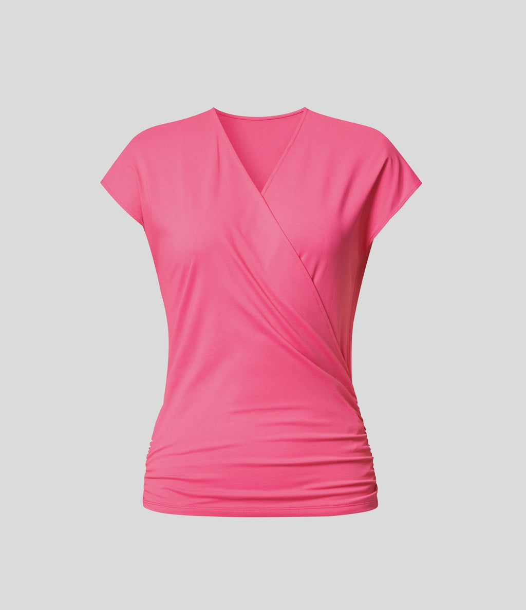 Blouse Travail Unie Froncée Croisée Manches Courtes Col en V