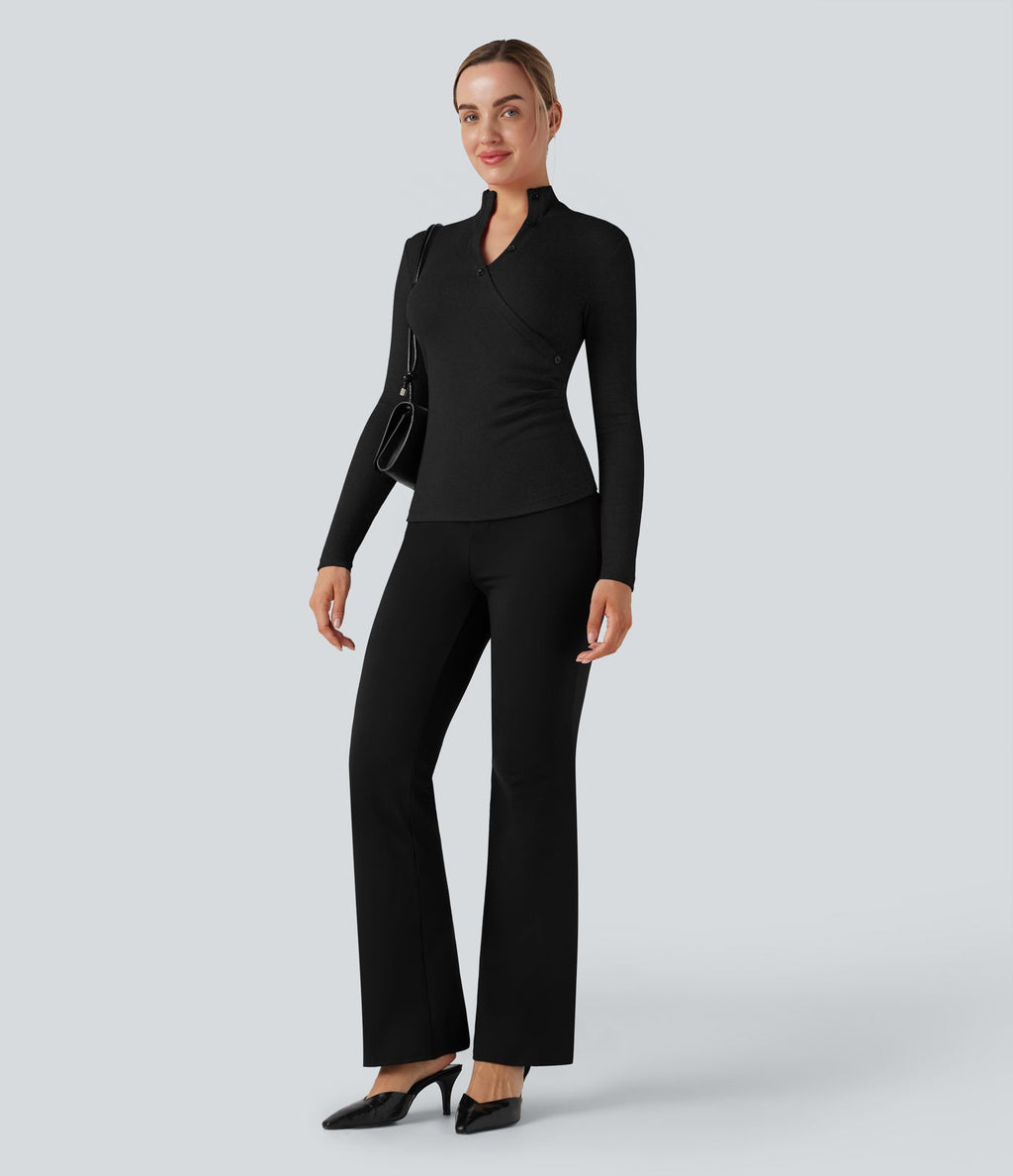 T-shirt tailleur côtelé col montant manches longues