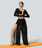 Pantalon Yoga 2 en 1 à Taille Haute avec Cordon de Serrage Maille Contrastée Fendu Poche Latérale et Jambes Amples et Fluides