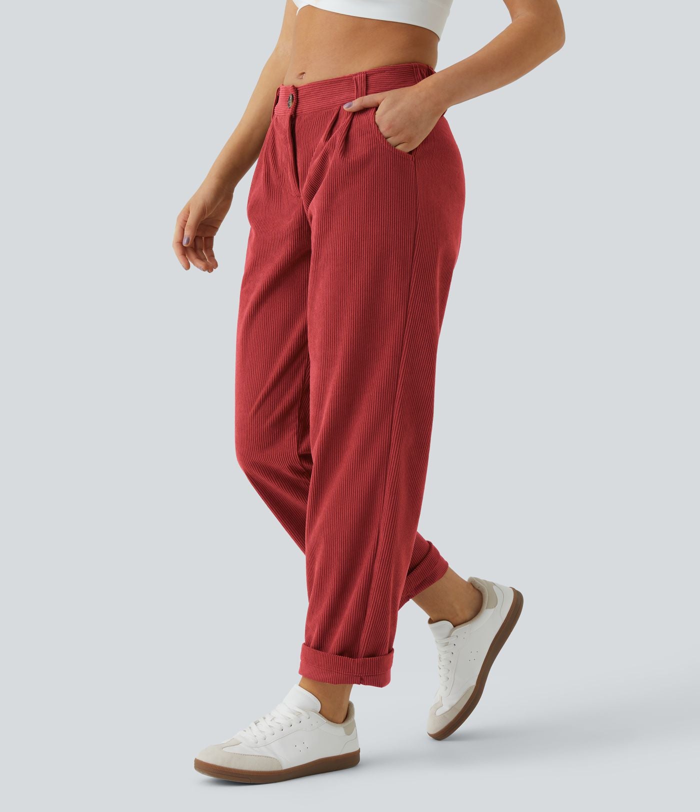 Pantalon en velours côtelé décontracté taille moyenne avec poches latérales