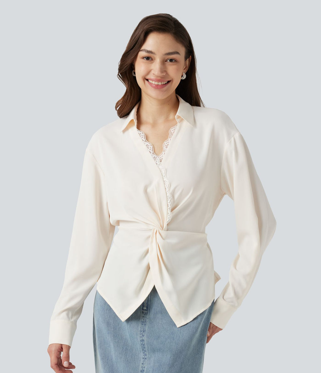 Chemise esprit bureau défroissage facile, col V, dentelle contrastée, manches longues, lien au dos et détail torsadé