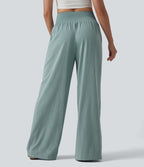 Pantalon baggy effet lin taille haute croisée avec détails froncés et poche