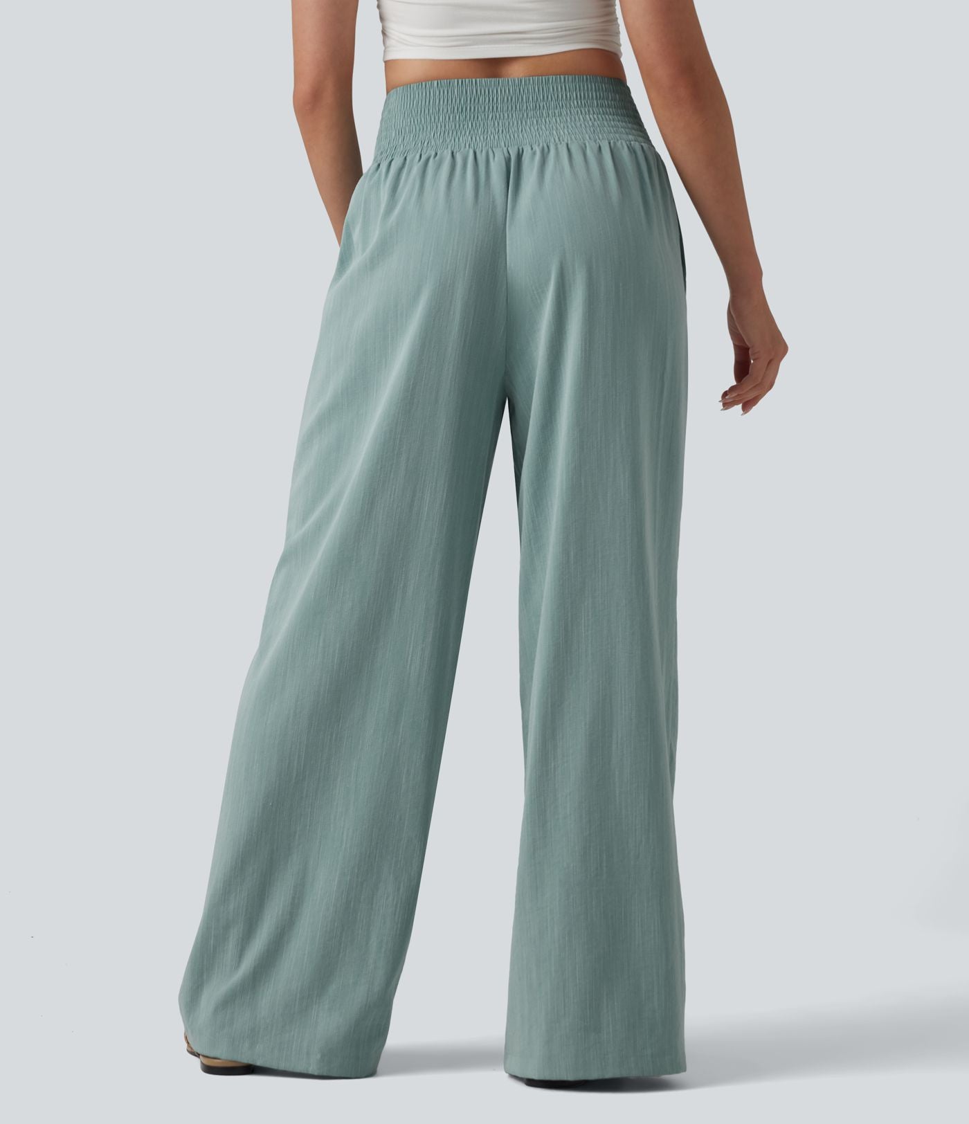 Pantalon baggy effet lin taille haute croisée avec détails froncés et poche