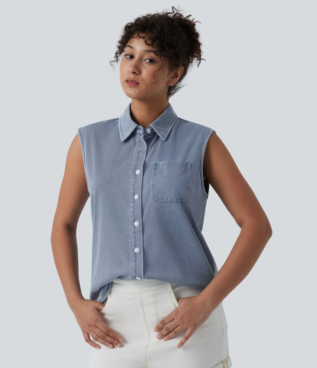 Halara Flex™ Chemise décontractée sans manches en denim avec poche