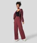 Pantalon Jogging en Fleece Thermique Jambe Droite Boutons Taille Haute Plusieurs Poches