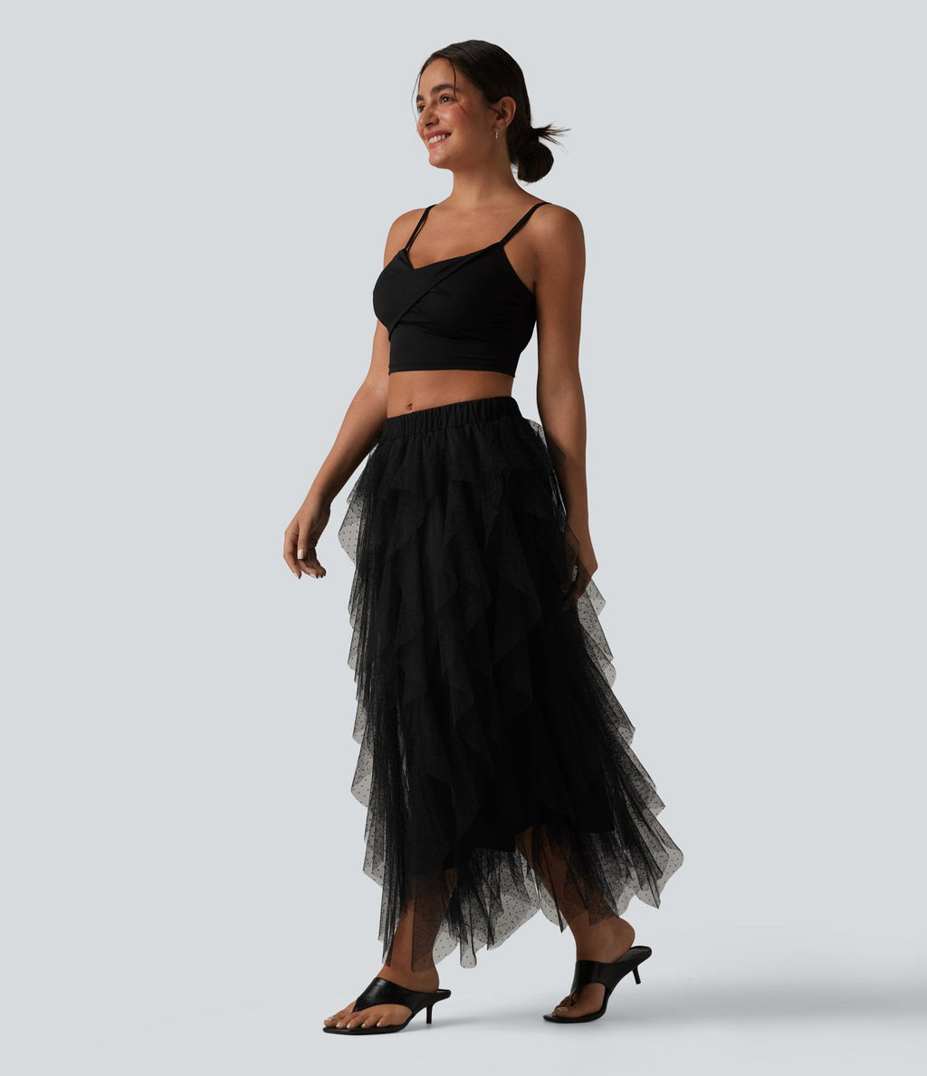 Jupe midi resort asymétrique à volants en maille taille mi-haute