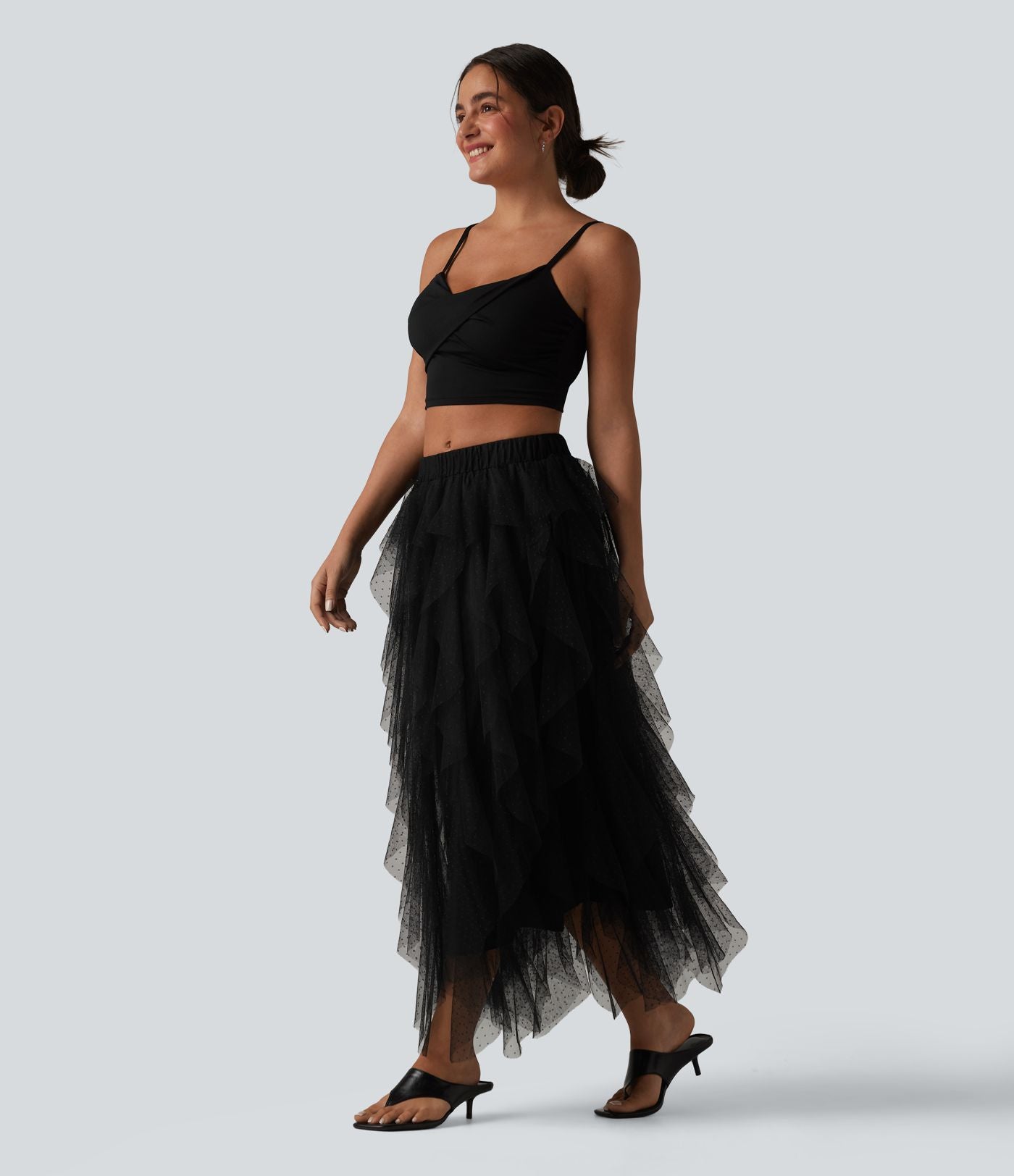 Jupe midi resort asymétrique à volants en maille taille mi-haute