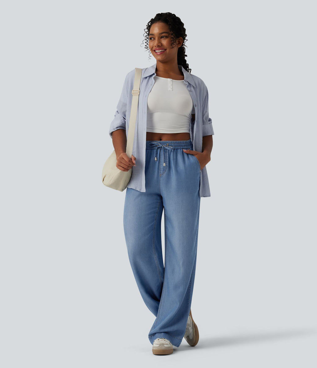 Jean large décontracté drapé taille mi-haute en lyocell avec cordon de serrage et poches