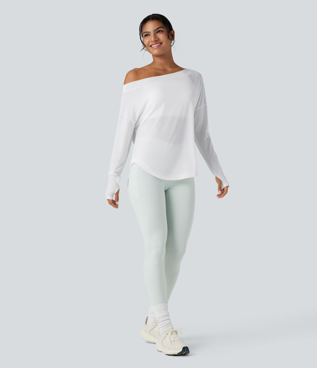 Top de sport yoga une épaule séchage rapide ourlet arrondi asymétrique manches longues avec trous pouces - Brassière intégrée