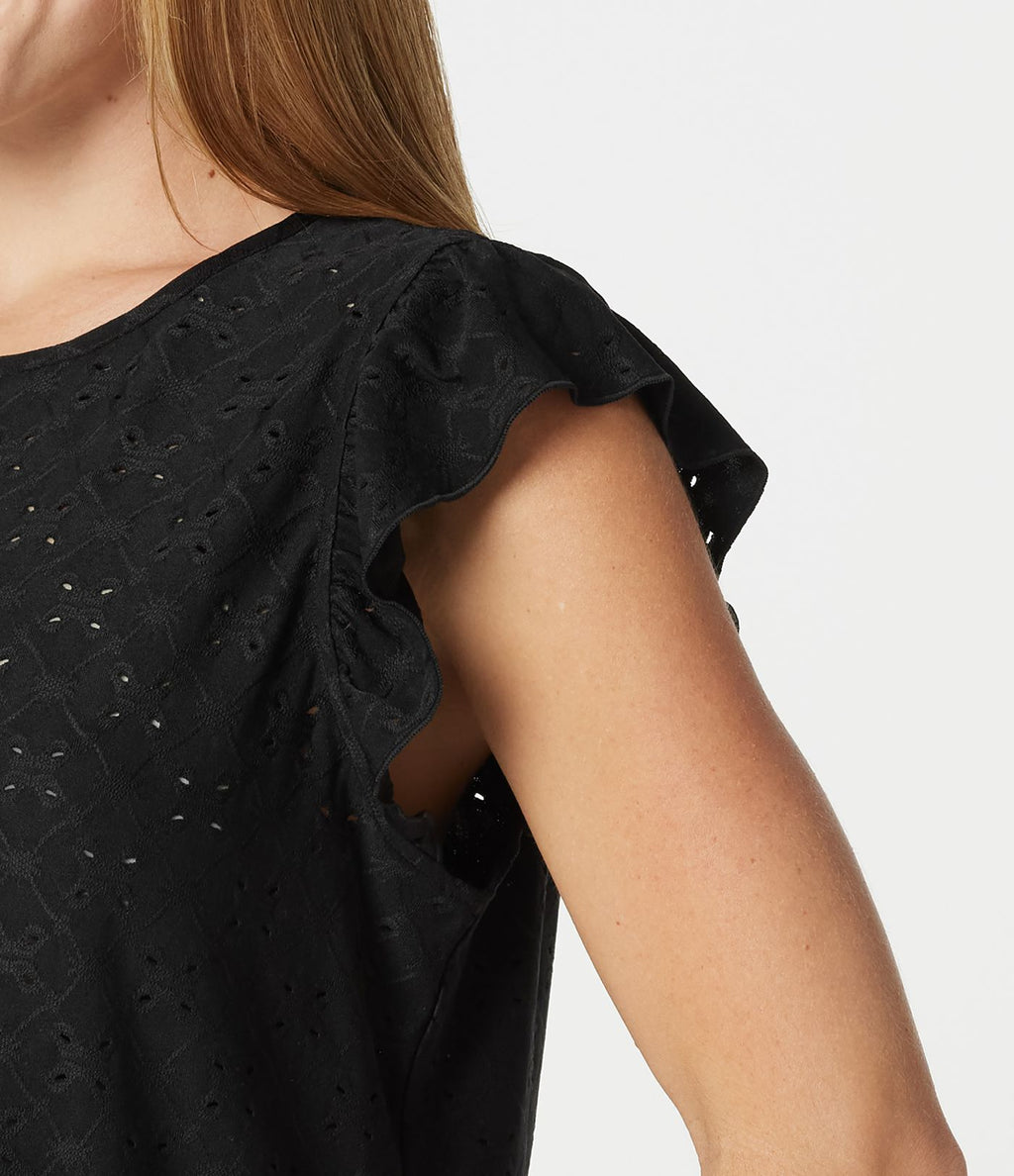 Top casual col rond à manches à volants en broderie anglaise