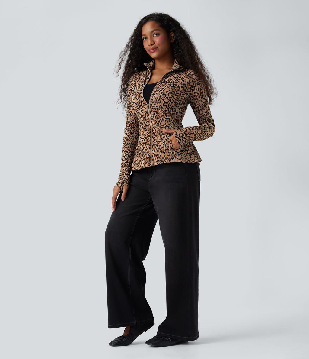 Veste décontractée Halara UltraSculpt™ imprimé léopard col montant manches longues avec trous pour pouces et poches