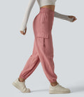 Pantalon cargo décontracté taille haute froncé, aspect lin, avec poches