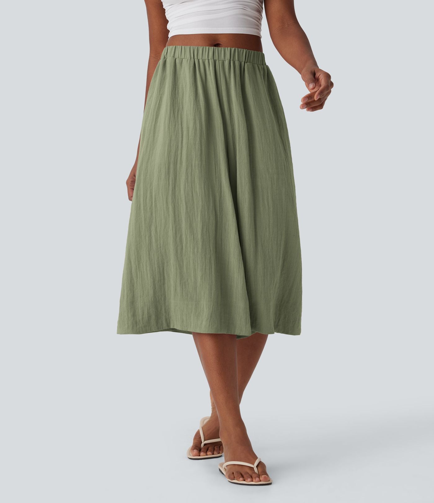 Pantalon fluide large taille mi-haute effet lin avec poche