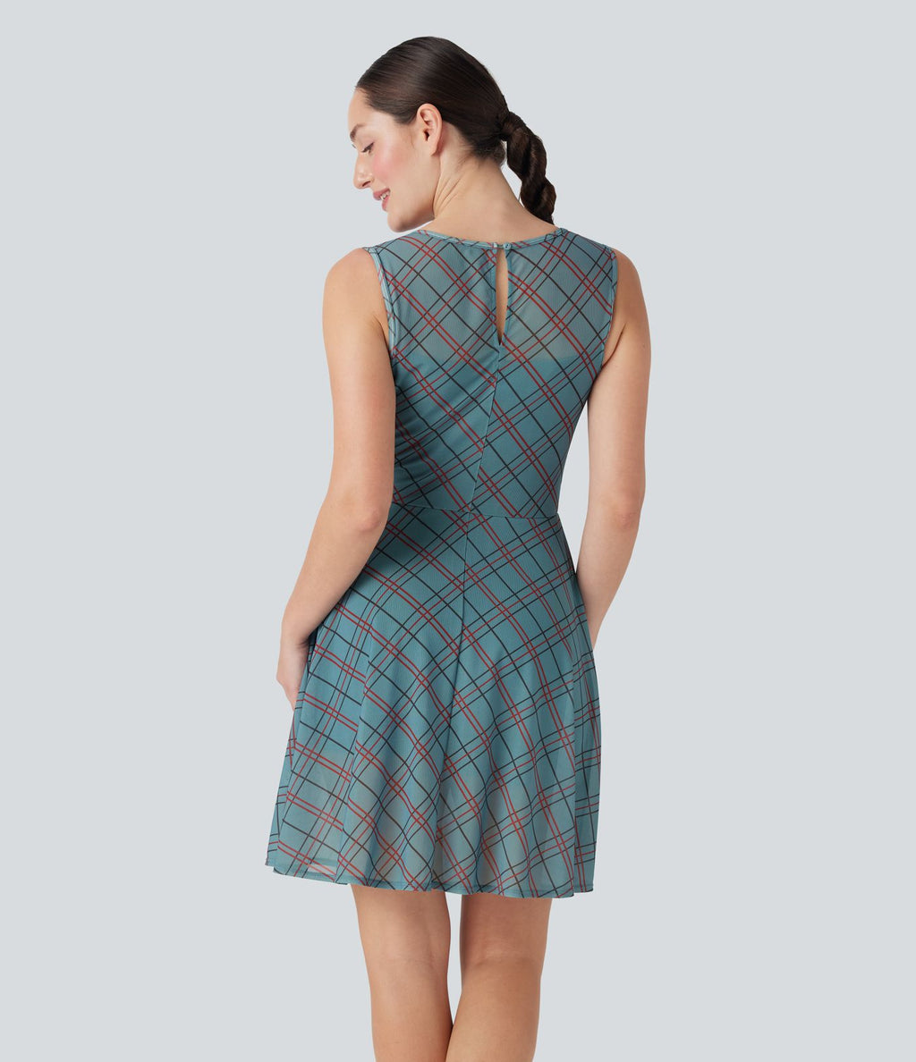 Robe mini décontractée 2-en-1 sans manches à carreaux avec empiècements mesh contrastés et poche latérale