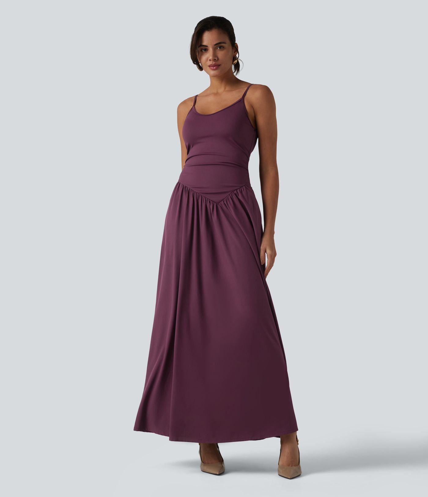 Robe nuisette maxi fluide Breezeful™ à séchage rapide dos nu avec bretelles ajustables, fronces et brassière intégrée - Demoiselle d'honneur et invitée de mariage