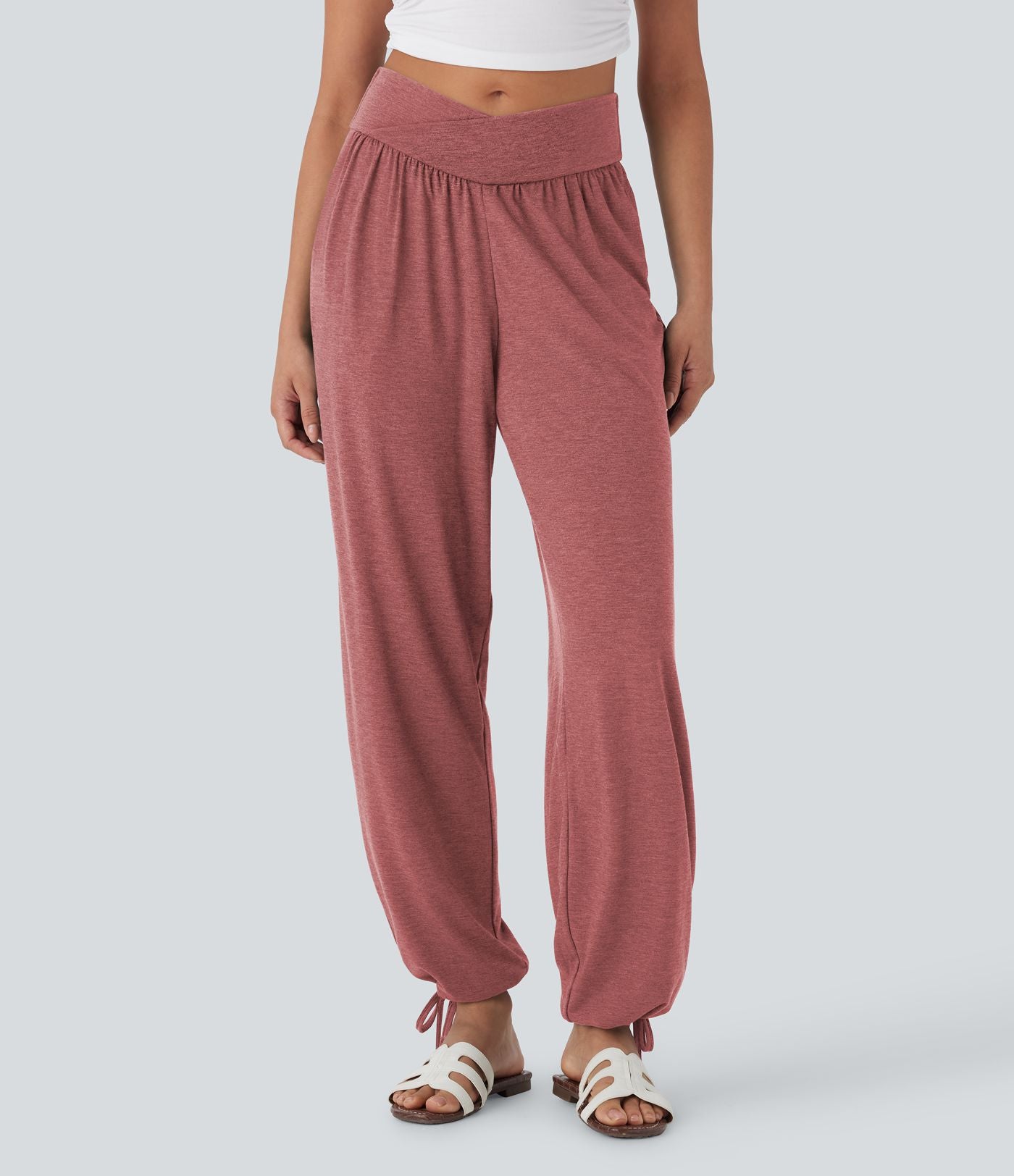 Pantalon de jogging décontracté à taille haute croisée avec poches latérales et cordon de serrage