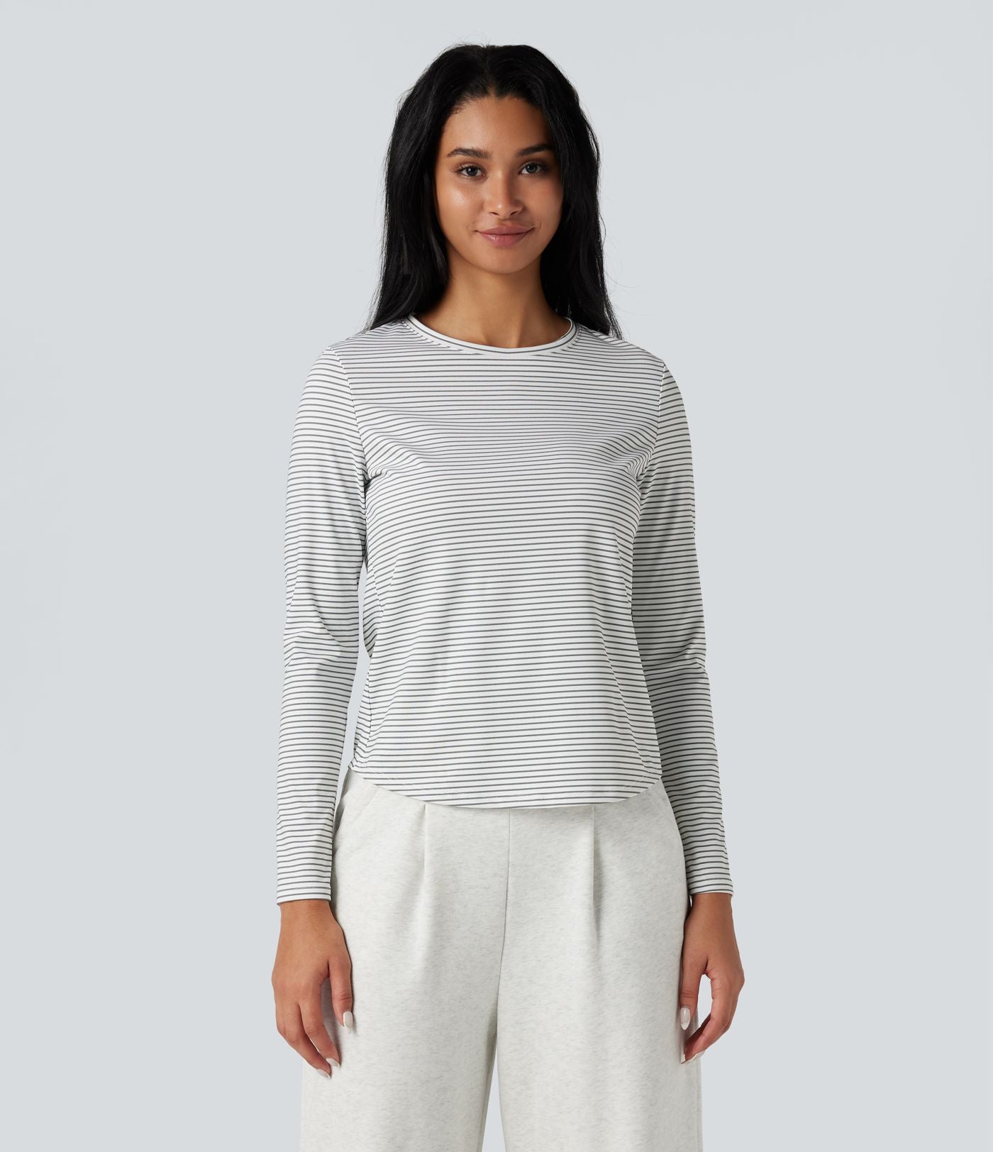 Top de sport yoga rayé ourlet arrondi col rond manches longues