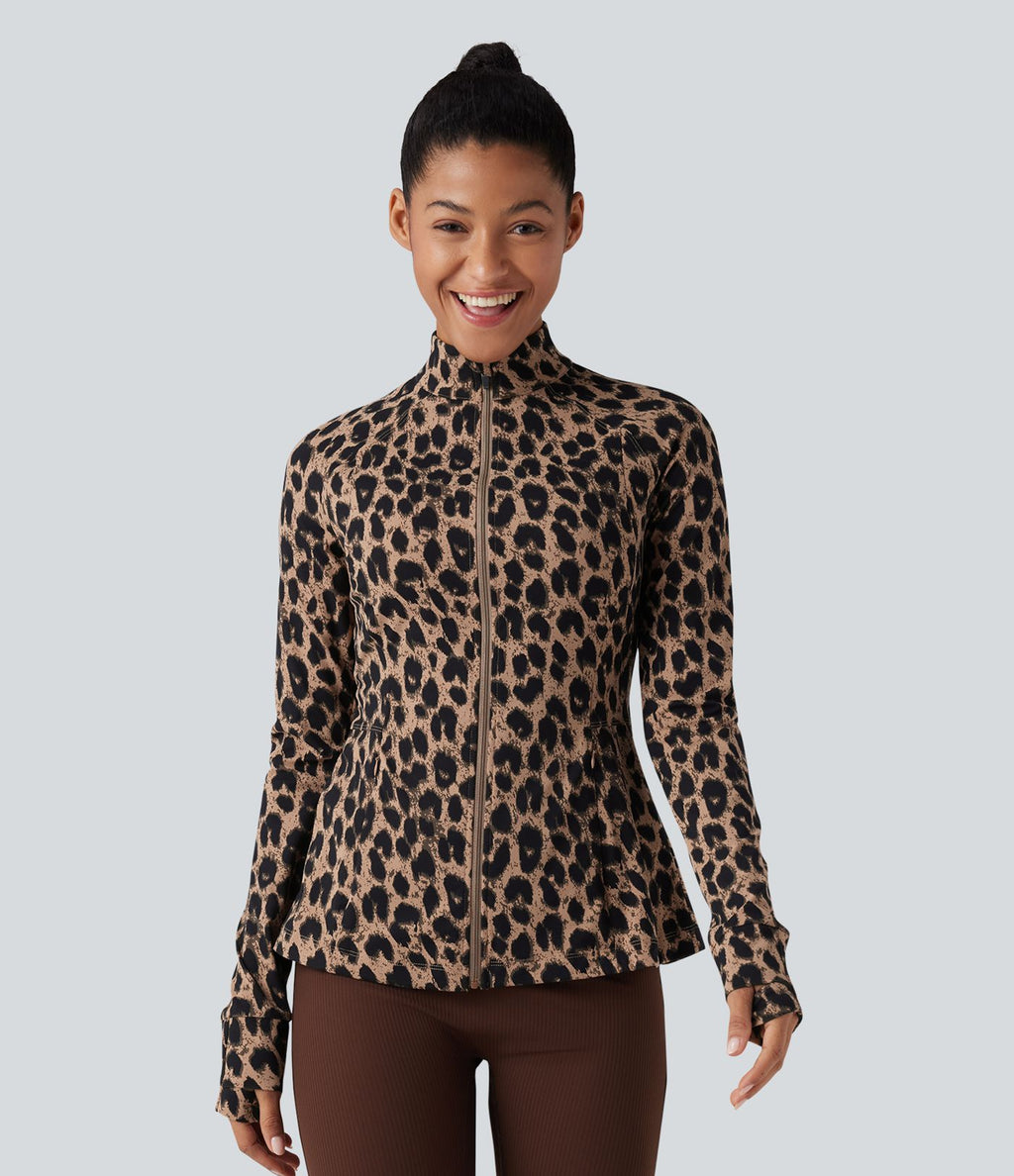 Veste décontractée Halara UltraSculpt™ imprimé léopard col montant manches longues avec trous pour pouces et poches