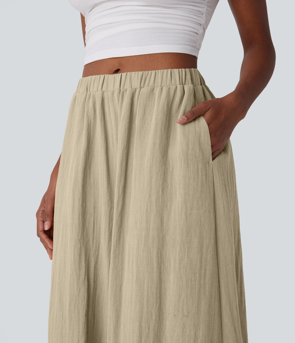 Pantalon fluide large taille mi-haute effet lin avec poche