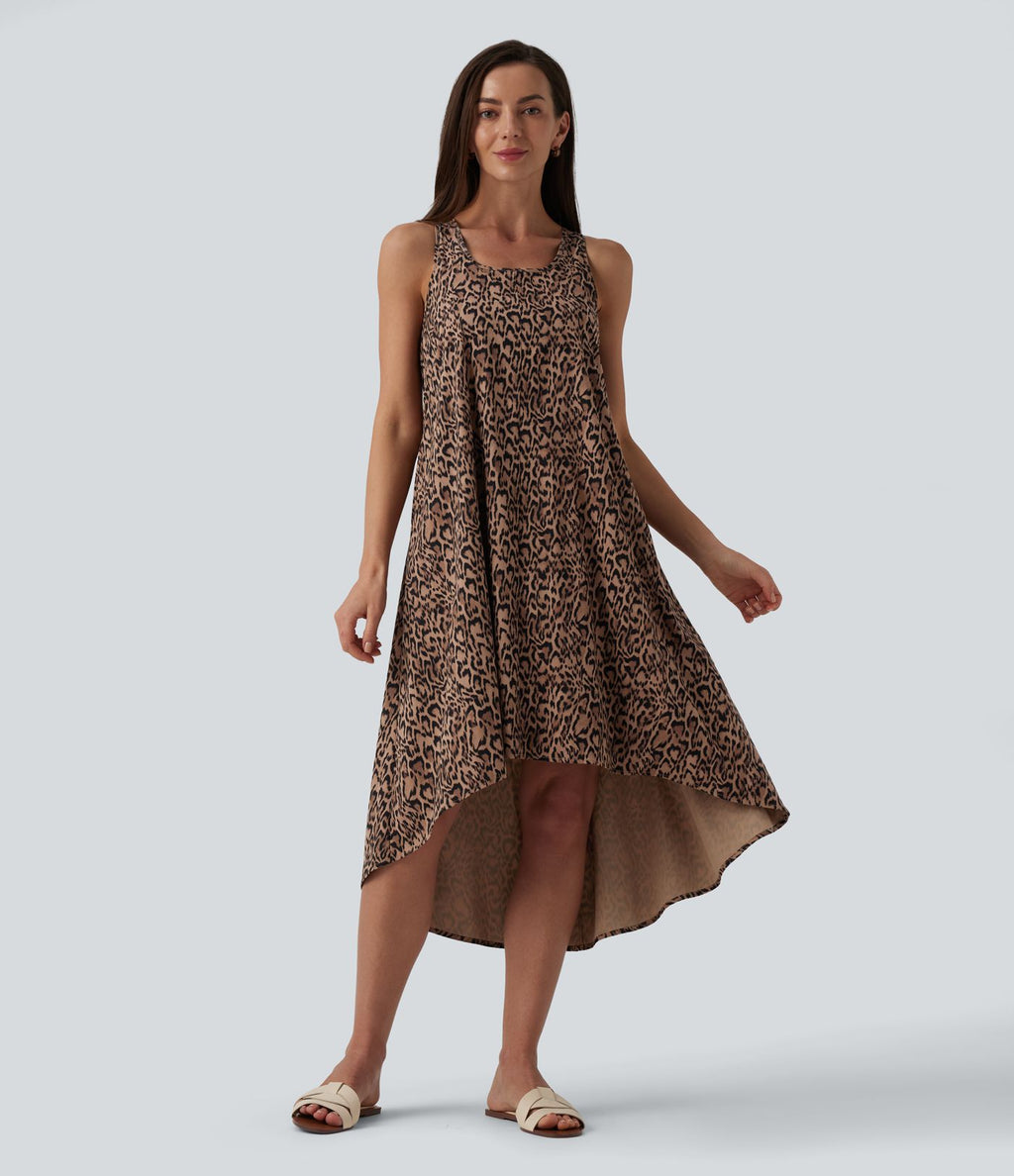 Robe mi-longue fluide station balnéaire dos nageur sans manches asymétrique imprimé léopard avec poches