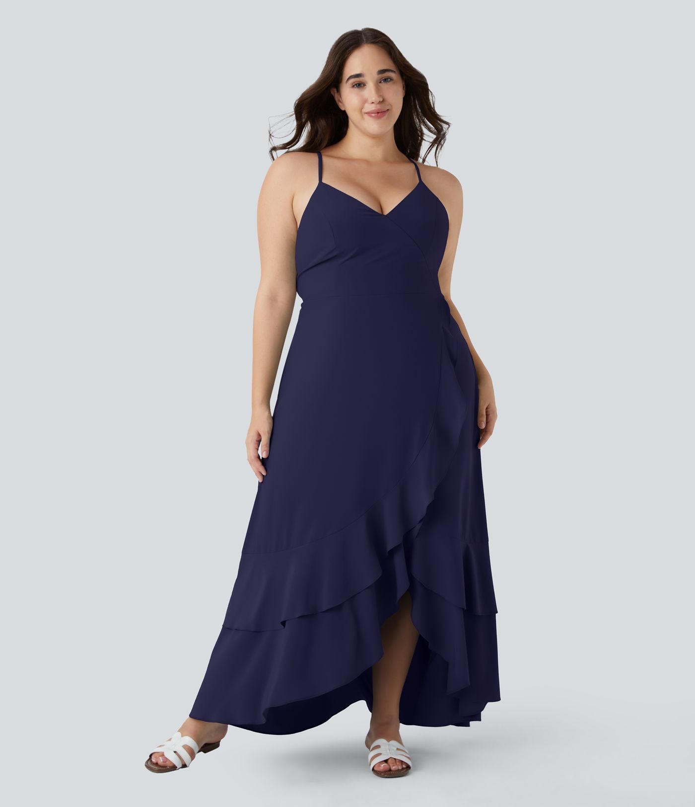 Breezeful ™ Robe Casual Grande Taille Maxi à Dos Nu Croisillons Lacés Fermeture Éclair Latérale Volants et Ourlet Fendu à Séchage Rapide