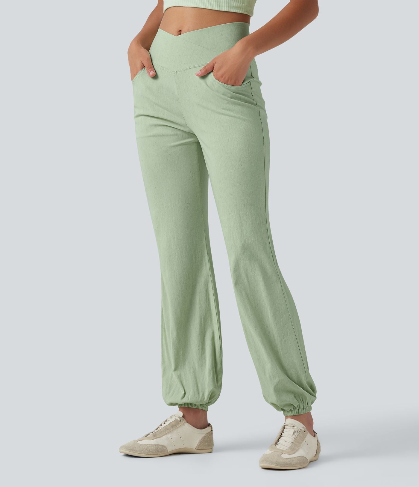 Jogging bouffant casual en lin extensible à taille haute croisée avec poches