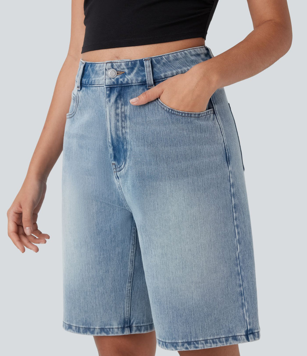 Bermuda en jean délavé Halara Flex™ taille haute à poches multiples