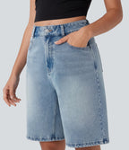 Bermuda en jean délavé Halara Flex™ taille haute à poches multiples