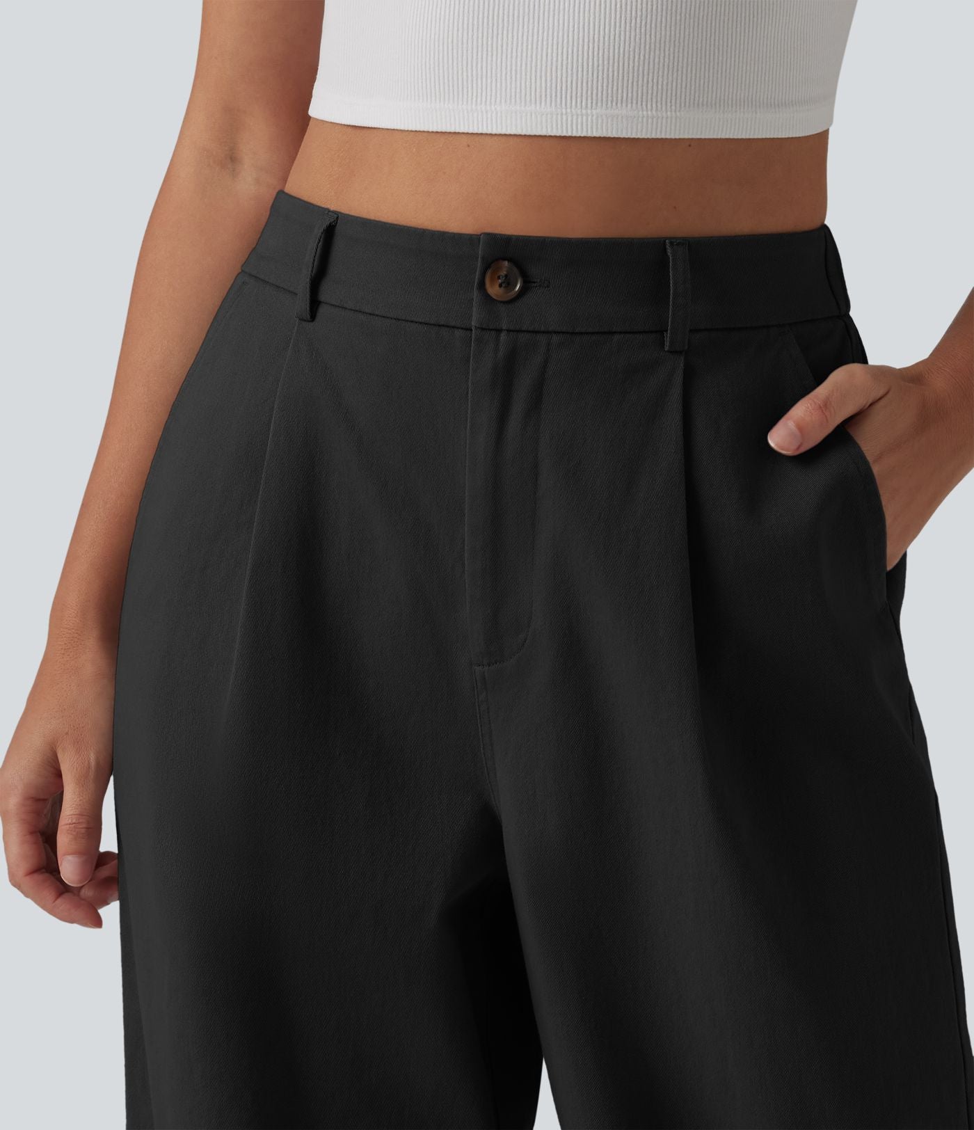 Pantalon chino tailleur en coton, taille haute, coupe droite et poches