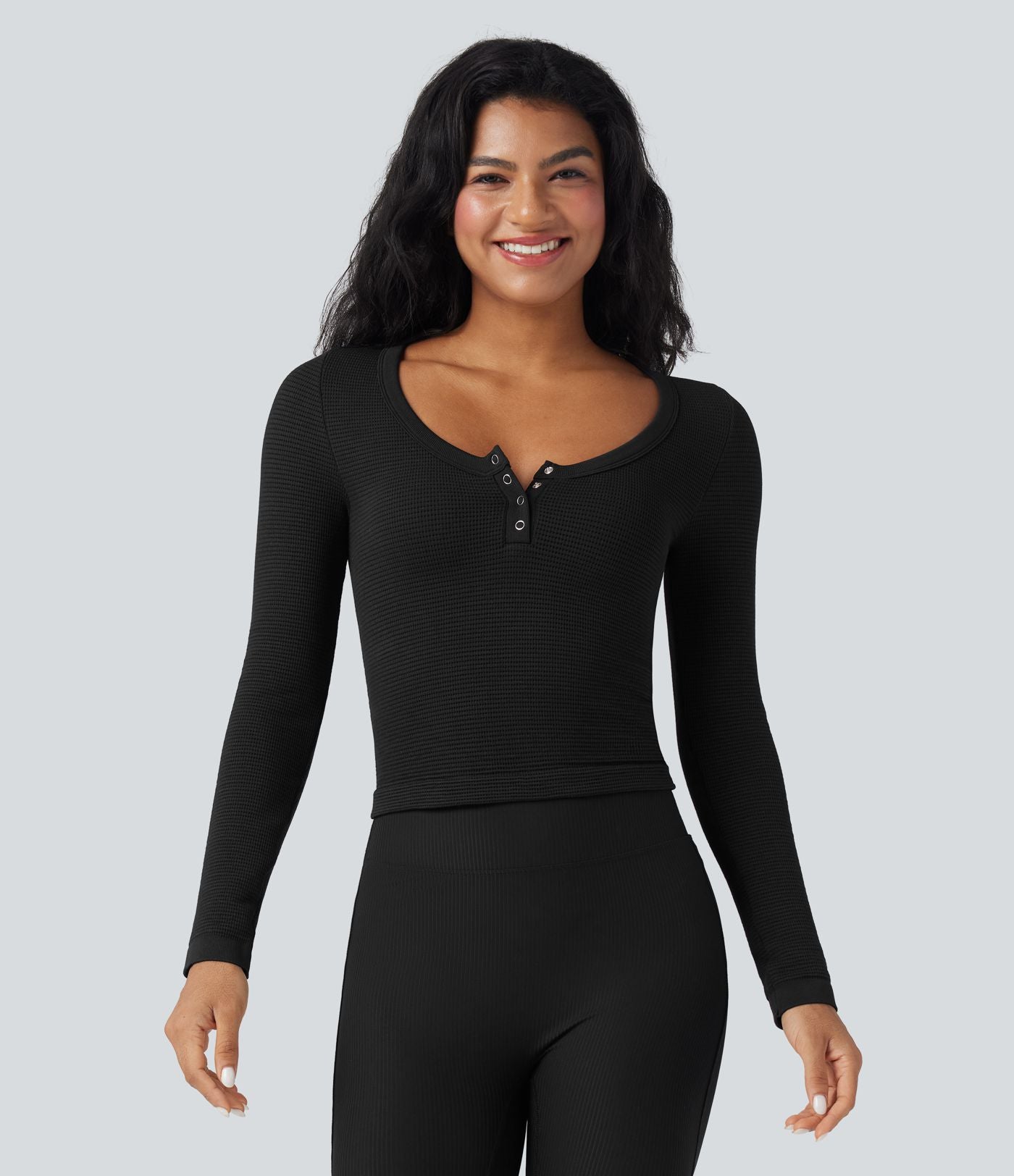 Haut de sport yoga ajusté col Henley en maille gaufrée à manches longues sans couture OneForm Seamless Flow