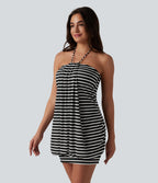 Robe moulante micro-mini à rayures en maille côtelée, dos nu à nouer et soutien-gorge intégré