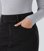 Halara Flex™ Jupe en Jean Midi Casual Tricot Extensible Taille Haute Poches Multiples