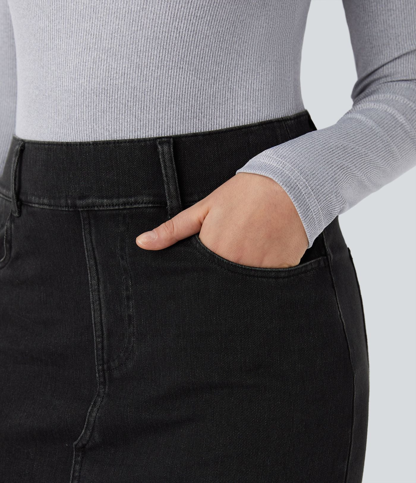 Halara Flex™ Jupe en Jean Midi Casual Tricot Extensible Taille Haute Poches Multiples
