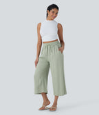 Pantalon décontracté aspect lin 7/8 à taille haute, jambe large avec cordon de serrage et poches latérales