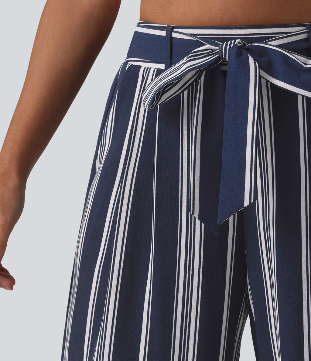Pantalon large taille haute à rayures avec ceinture et poches
