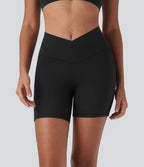 Short cycliste de yoga Softlyzero™ taille haute avec design croisé, filet contrasté, poche arrière et protection UPF50+ - 12,5 cm