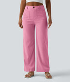 Pantalon taille haute coupe droite effet lin avec poches
